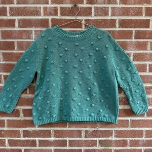 Flamingo Teal Pom-Pom Sweater Women's M | Chunky Knit, Cozy Boho Pullover